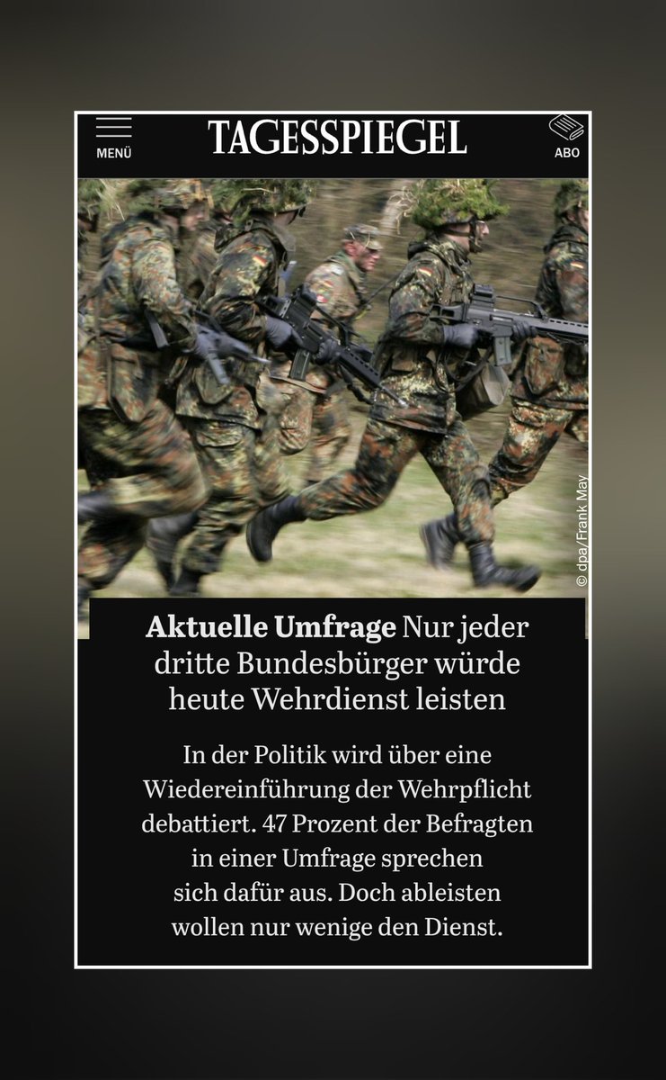 Nur jeder dritte Bundesbürger würde den #Wehrdienst leisten. Ist das ein Wunder?

Erst verweichlicht man die Gesellschaft, indem man sie zu einhornreitenden, woken Wohlfühlwesen und geschlechtsneutralen Gendersternchenträger*innen erzieht, die sich als Berufsdemonstranten für