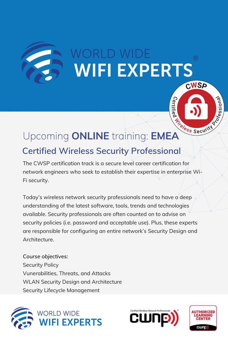 WWW_Experts's tweet image. “When Wireless Security Matters, CWSP Leads”

@WWW_Experts a worldwide major player in “real-world&quot; Wi-Fi / IoT industry knowledge, will provide ONLINE @CWNP  Certified Wireless Security Professional (CWSP) training in EMEA!

For information: worldwide-wifi-experts.com/services/train…

#CWSP #CWSP