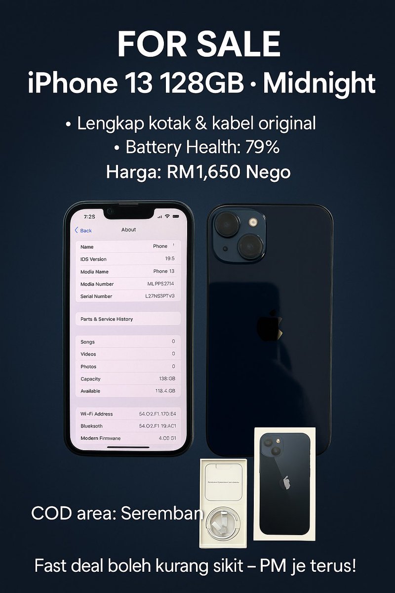 kudoRrrr's tweet photo. 📢 FOR SALE: iPhone 13 128GB – Midnight

📦 Lengkap kotak &amp; kabel original
🔋 Battery Health: 79%
🎨 Warna Midnight – warna premium &amp; elegan
🔓 Unlocked – boleh guna semua telco

📸 Kondisi fizikal baik, tiada kerosakan besar
✅ Fungsi semua okay
💼 Sesuai untuk kegunaan harian https://t.co/nRhkSBwpmq
