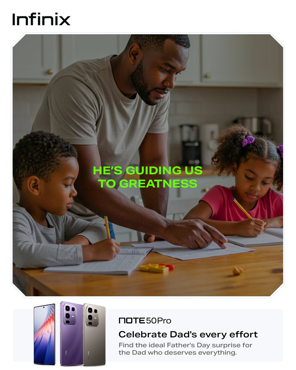 InfinixKenya's tweet image. A big thank you to all fathers for guiding us to greatness  one lesson, one moment at a time.
This Father’s Day, celebrate the man who empowers your every move with the NOTE 50 Pro. A gift as powerful and reliable as he is. 💼💙
#FathersDay #InfinixNOTE50Pro #InfinixKenya