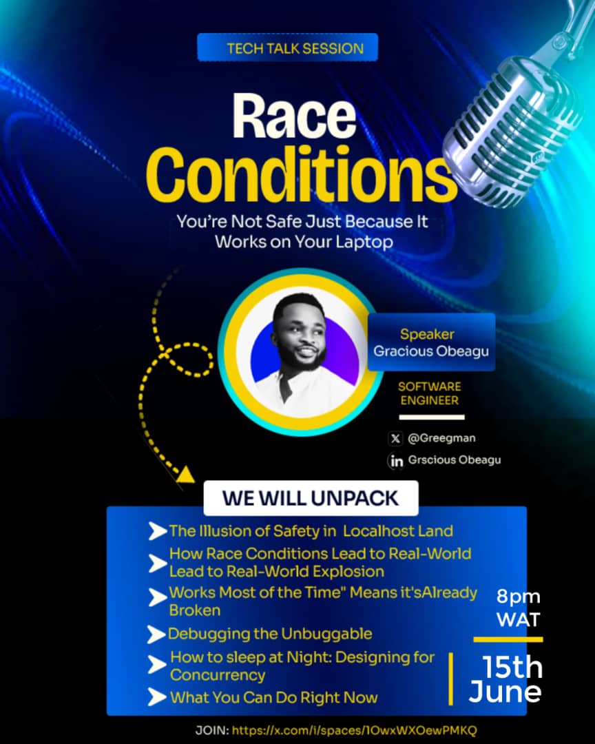 TTS 🔥 

Who's readyyyyyyy 

Time: 8pm WAT 
Date: 15th June, 2025
Speaker: <a href="/Greegman/">Greegman</a>
Theme: You're not safe just because it works on your laptop.

Don't miss out guyss
Come let's unpack 

#200daysofcodingchallenge #tts