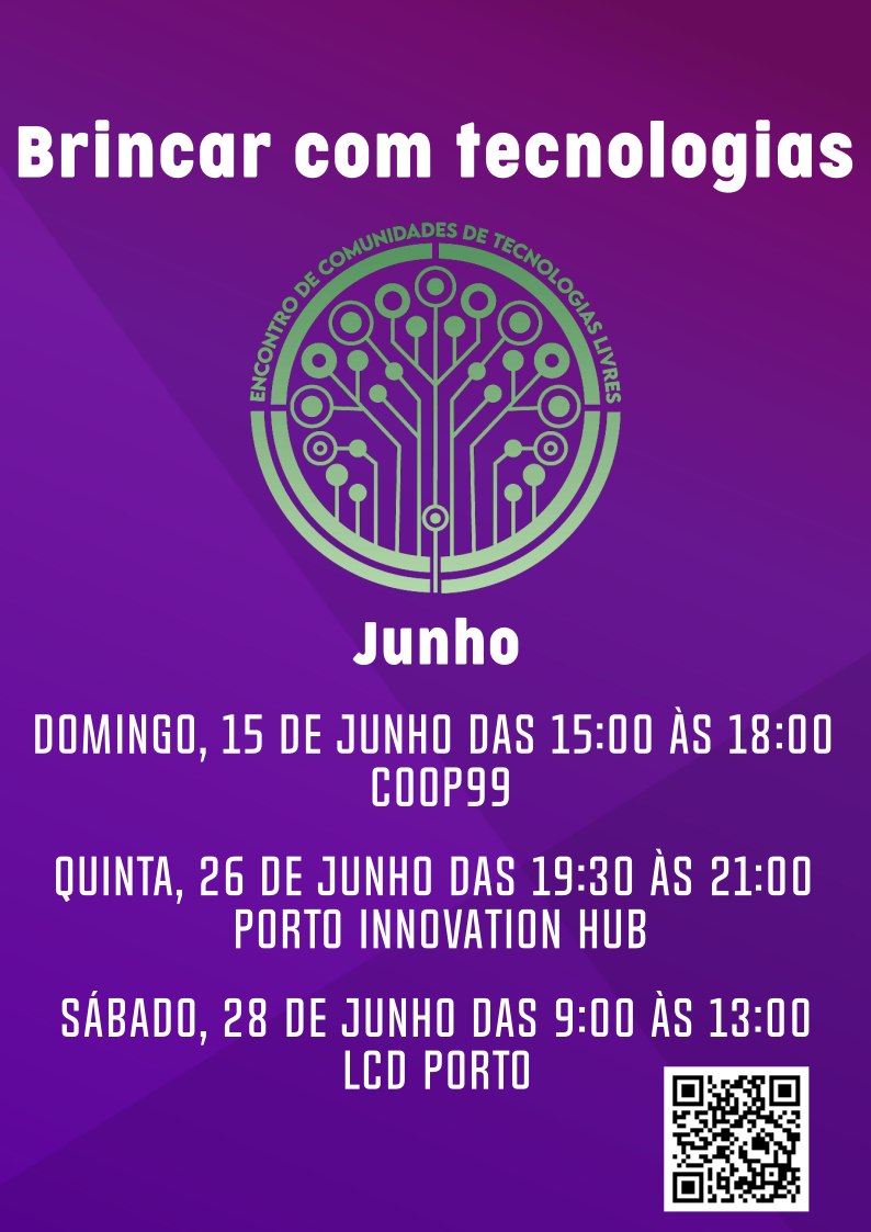 Encontros de Comunidades de Tecnologias Livres 
Locais: ectl.pt/pt/spaces/