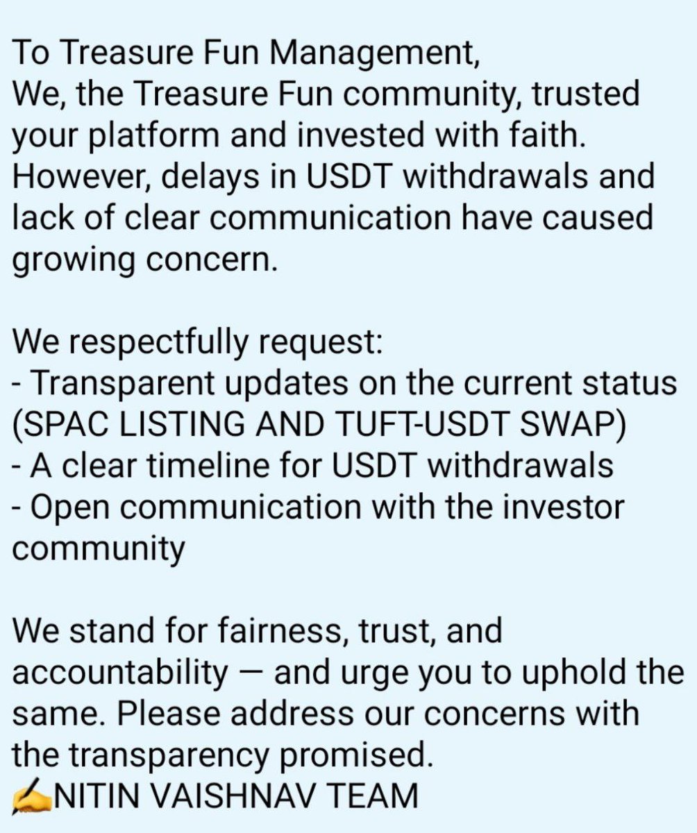 #TreasureFunReleaseOurUSDT
#TreasureFunReleaseUSDTNow
#TreasureFunNitinVaishnav
#NitinVaishnav
#TreasureFunStartUSDTWithdrawal