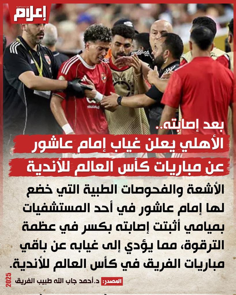 تعرض إمام عاشور لاعب النادي الأهلي لإصابة قوية جعلته يغادر الملعب مبكرًا خلال مباراة فريقه أمام إنتر ميامي الأمريكي التي أقيمت صباح اليوم ضمن دور المجموعات بكأس العالم للأندية.. للتفاصيل 