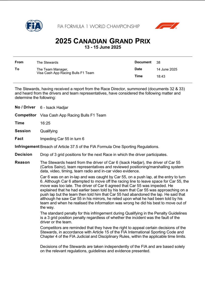 robertofunoat's tweet photo. Isack Hadjar è stato penalizzato di tre posizioni per impeding ai danni di Sainz nel corso del Q1. Il pilota francese della Racing Bulls scivola in dodicesima posizione. #F1 #CanadianGP #Hadjar #Impeding https://t.co/EjJShQ9PPB