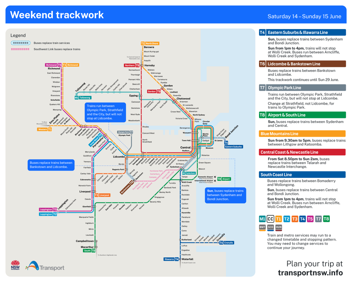Are you travelling on the T8 Line today?

🚍 Buses replace trains between Sydenham and Central.
Metro services run between Sydenham and the City. T8 trains run to a changed timetable via the Airport.

More info: transportnsw.info/alerts/details…