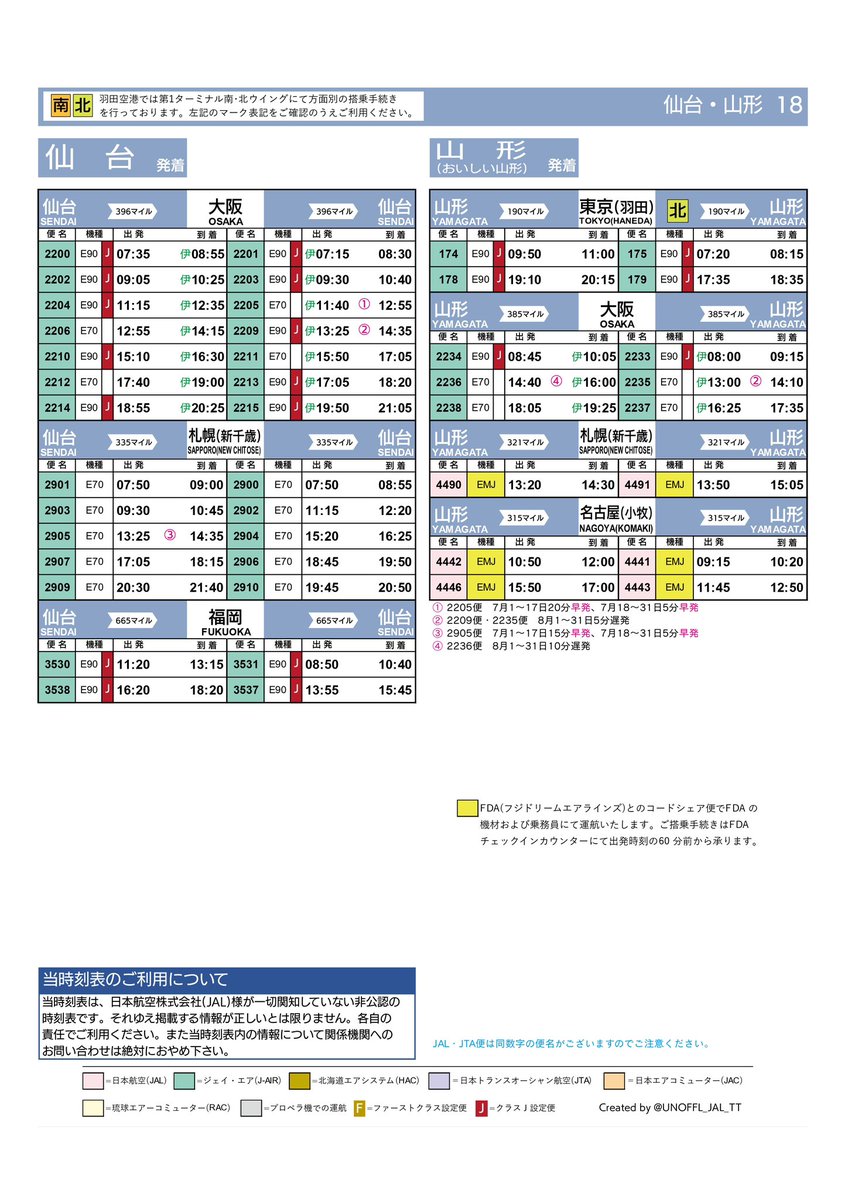 JAL国内線時刻表 2025.7.1〜8.31 ・秋田空港 ・花巻空港 ・仙台空港
