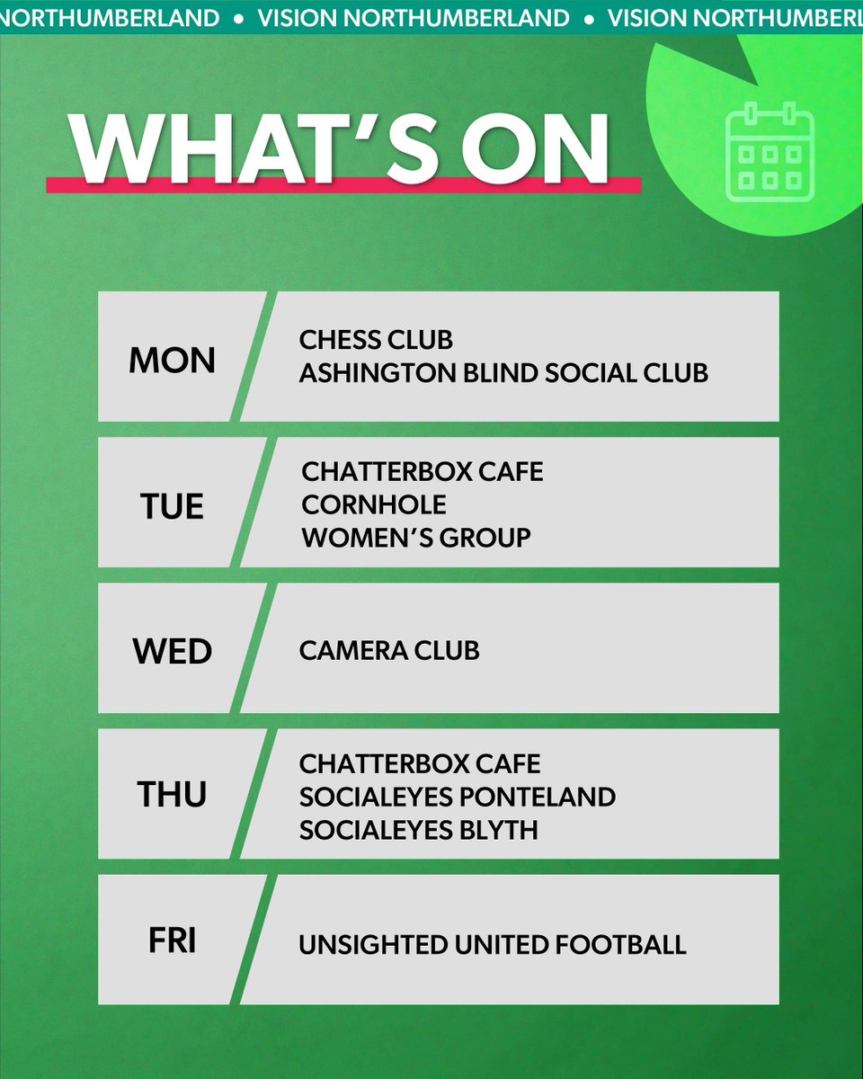 Another week of connection, creativity and community at Vision Northumberland! Whether you're after good chat, friendly faces or something new to try — we’ve got just the thing! 💬💚

For more info DM or call 01670 514316. 📞