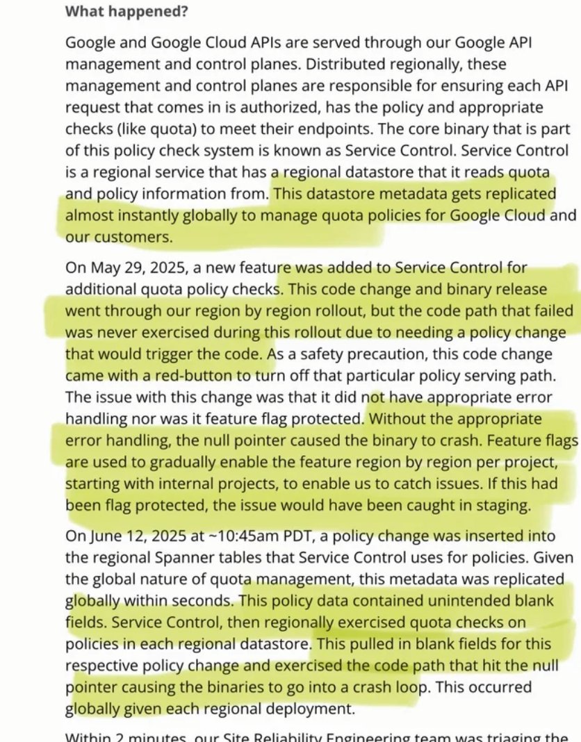 A null pointer caused Google's worldwide outage.

86+ services went down. 

This tells us "A single line of untested code can cause a major incident!"