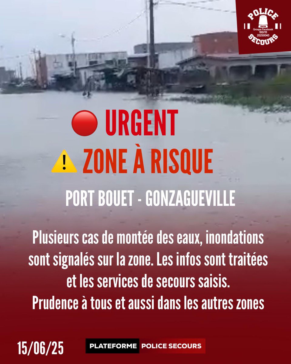PSecours225's tweet photo. 🔴ALERTE : 10 H

ZONE A RISQUE : PORT BOUET GONZAGUE.
Plusieurs cas de montée des eaux, inondations sont signalés sur la zone. Les infos sont traitées et les services de secours saisis. 
Prudence à tous et aussi dans les autres zones.

🟧 VIGILANCE MAINTENUE. https://t.co/DafjYH26gi
