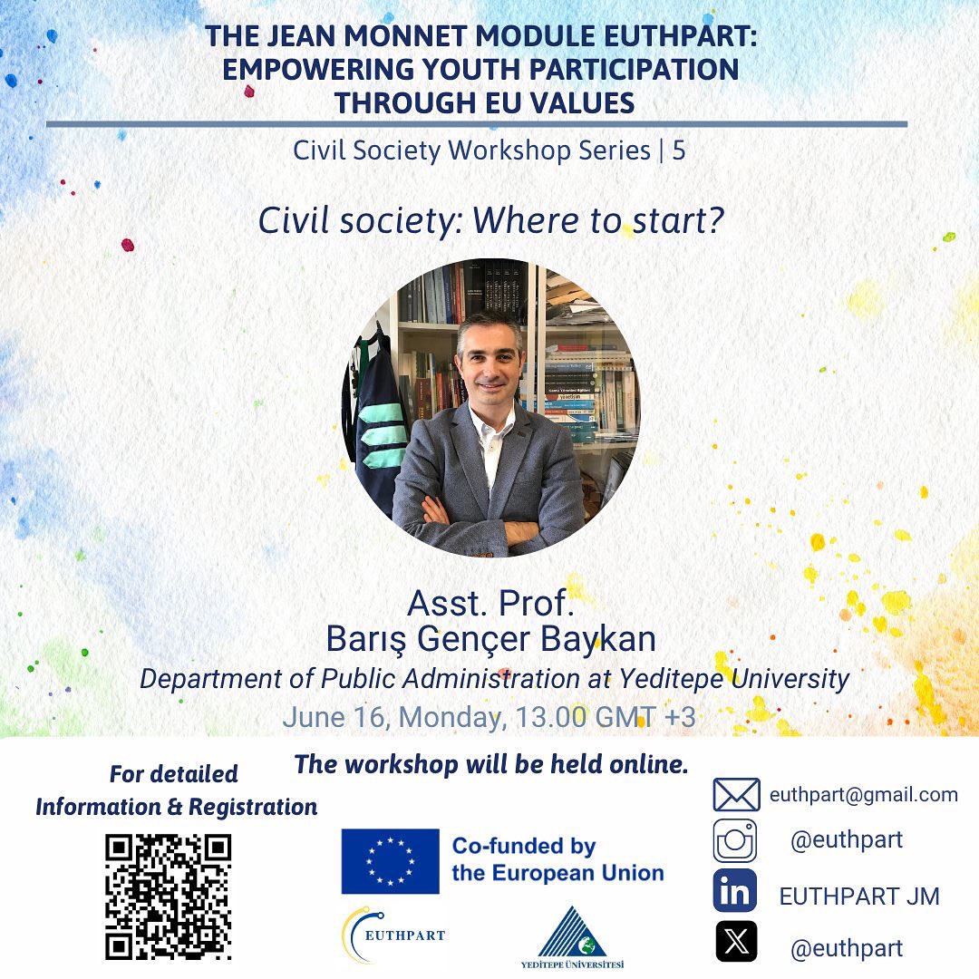 Yeditepe PSIR (@yeditepepsir) on Twitter photo EUTHPART Jean Monnet Modülü kapsamında düzenlenen 5. Sivil Toplum Çalıştayında Dr. Öğr. Üyesi Barış Gencer Baykan’ı ağırlayacağız.
Çalıştay 16 Haziran Pazartesi saat 13:00’da online gerçekleşecektir.
<a href="/yeditepeiibf/">Yeditepe Üni. İktisadi ve İdari Bilimler Fakültesi</a> <a href="/gizemcak/">Gizem Alioğlu Çakmak</a> <a href="/CengizErisen/">Cengiz Erisen</a> <a href="/mselint/">Selin Türkeş-Kılıç</a> EUTHPART Jean Monnet Modülü kapsamında düzenlenen 5. Sivil Toplum Çalıştayında Dr. Öğr. Üyesi Barış Gencer Baykan’ı ağırlayacağız.
Çalıştay 16 Haziran Pazartesi saat 13:00’da online gerçekleşecektir.
<a href="/yeditepeiibf/">Yeditepe Üni. İktisadi ve İdari Bilimler Fakültesi</a> <a href="/gizemcak/">Gizem Alioğlu Çakmak</a> <a href="/CengizErisen/">Cengiz Erisen</a> <a href="/mselint/">Selin Türkeş-Kılıç</a>