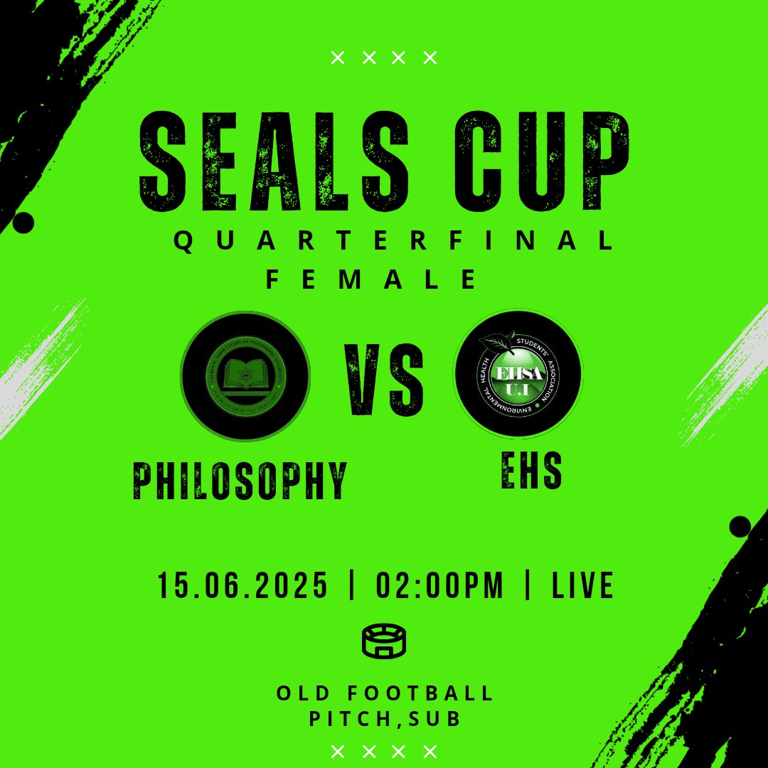 EHSA_Sports's tweet photo. The female matches resumes today as Philosophy plays against EHS at the Old Football Pitch.
Time: 2:00pm
Date: 15/06/2025

#sealscup #sealscup25 @ui_su_sports https://t.co/eSsTqs3Z5o