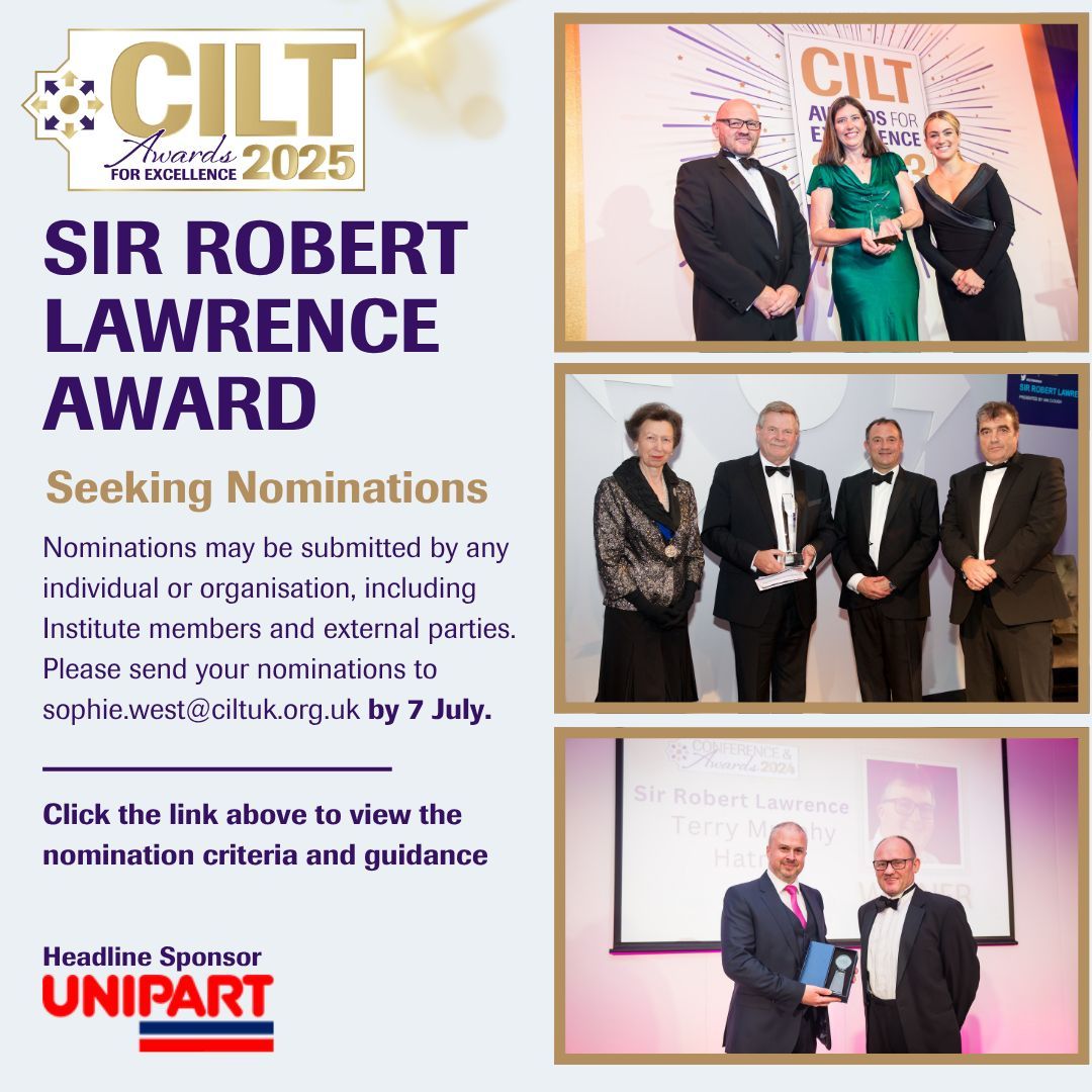 Don't forget nominations are open for the Sir Robert Lawrence Award! 

📅 For information on the criteria for how to submit a nomination please click here: buff.ly/6UgJ4f6

#CILTUK #Logistics #Transport #Leadership #SirRobertLawrenceAward  #RecognisingExcellence