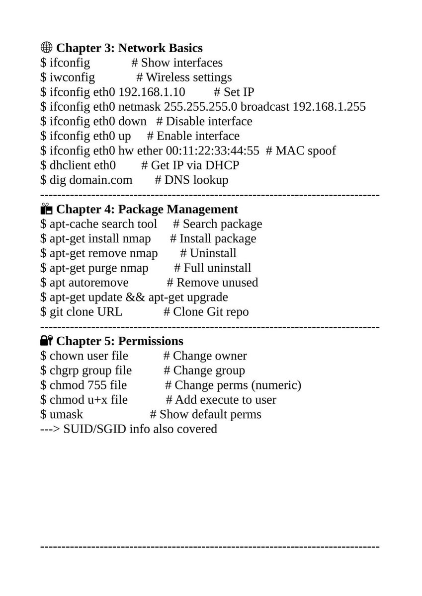 _0b1d1's tweet image. 🚀 Linux Basics Cheat Sheet (Chapters 1–10)
📘 From Linux Basics for Hackers
Just compiled a beginner-friendly cheat sheet covering essential Linux commands across 10 chapters from navigation and file handling to networking, scripting, and device management.