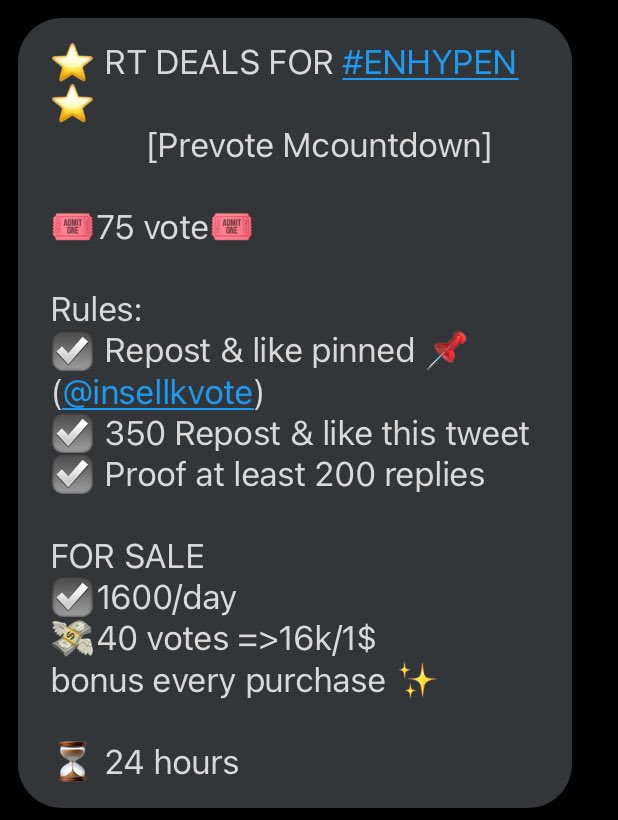 namaewariki's tweet photo. ⭐ RT DEALS FOR #ENHYPEN ⭐     
          [Prevote Mcountdown]

🎟️75 vote🎟️

Rules:
☑️ Repost &amp; like pinned 📌 (@insellkvote)
☑️ 350 Repost &amp; like this tweet 
☑️ Proof at least 200 replies

FOR SALE
☑️1600/day
💸40 votes =>16k/1$
bonus every purchase ✨ 

⏳ 24 hours https://t.co/zJH1RoDNA2
