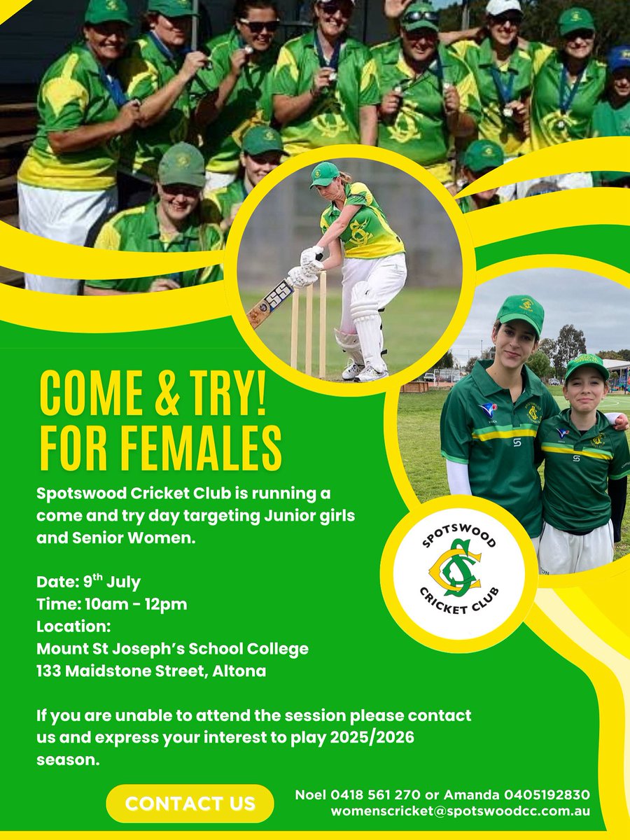 Spotswood Cricket Club (@spotswoodcc) on Twitter photo Come & Try 🏏
Date: 9th July
Time: 10am - 12pm
Location:
Mount St Joseph’s School College
133 Maidstone Street, Altona
Contact
Noel 0418 561 270 or Amanda 0405192830
womenscricket@spotswoodcc.com.a Come & Try 🏏
Date: 9th July
Time: 10am - 12pm
Location:
Mount St Joseph’s School College
133 Maidstone Street, Altona
Contact
Noel 0418 561 270 or Amanda 0405192830
womenscricket@spotswoodcc.com.a