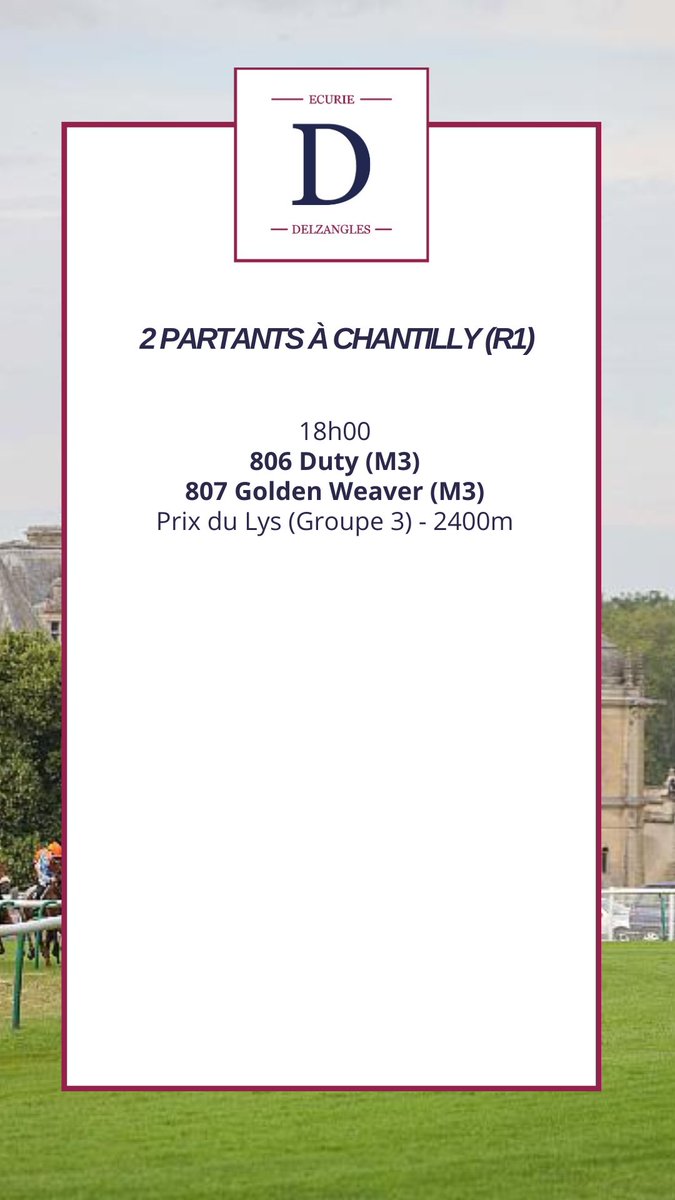 Mikel Delzangles (@delzanglesmikel) on Twitter photo Aujourd’hui à <a href="/fgchantilly/">FG Chantilly</a> (R1)
🐎Duty (Robert Ng)
🐎Golden Weaver (Robert Ng)
« Duty court pour assurer un train régulier à Golden Weaver. »
« Golden Weaver a progressé depuis sa dernière course, en espérant que le terrain ne se soit pas trop assoupli. » Aujourd’hui à <a href="/fgchantilly/">FG Chantilly</a> (R1)
🐎Duty (Robert Ng)
🐎Golden Weaver (Robert Ng)
« Duty court pour assurer un train régulier à Golden Weaver. »
« Golden Weaver a progressé depuis sa dernière course, en espérant que le terrain ne se soit pas trop assoupli. »