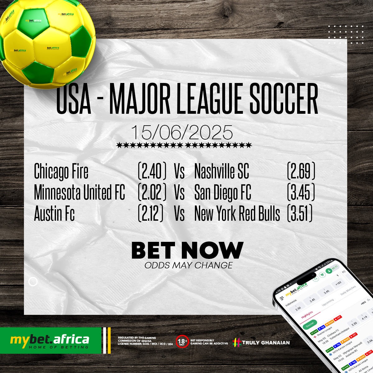 🔥 USA - Major League Soccer Action! 🇺🇸⚽
The heat is on in the MLS, and the odds are 🔥 at zurl.co/s6uzO!

💥 Featured Matchups:

Chicago Fire  🆚 Nashville SC 
Minnesota United FC  🆚 San Diego FC 
Austin FC 🆚 New York Red Bulls 

💸 Your shot to win big starts NOW!
