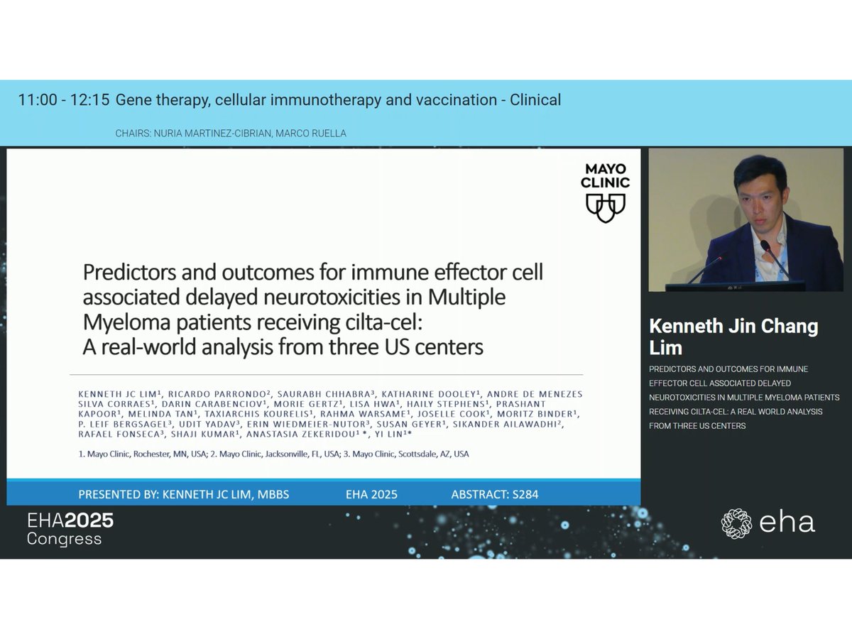YiLinMDPhD's tweet image. Great job @Kennethjclim presenting @MayoCancerCare risk factor of IEC-nerve palsy & Parkinsonism #EHA25 #mmsm Hopefully we will learn soon from CARTITUDE trials & RWE across centers whether additional early mitigating strategies could reduce the risk further @IMFmyeloma