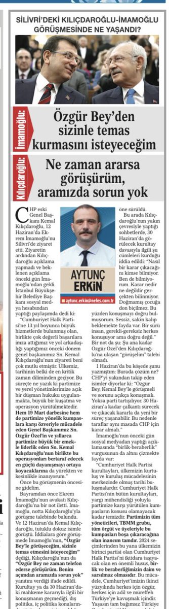 ✍🏿 SİLİVRİ’DEKİ KILIÇDAROĞLU-İMAMOĞLU GÖRÜŞMESİNDE NE YAŞANDI?
 
İmamoğlu: Özgür Bey’den 
sizle temas kurmasını isteyeceğim
Kılıçdaroğlu: Ne zaman ararsa görüşürüm, aramızda sorun yok.