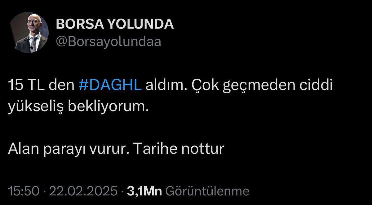 15 TL den aldırdığım #DAGHL 126 TL OLDU. Kimisi değerlendirdi kimisi kaçırdı‼️

Ben bu hisseden 7 MİLYON TL kazandım.

2 ay içinde Ev ve FAİZ den çok kazandırdı

Yeni DAGHL olacak hisseyi buldum. Alan parayı vurur. Paylaşmamı isteyenler sinyal versin‼️

Yine bu şekilde