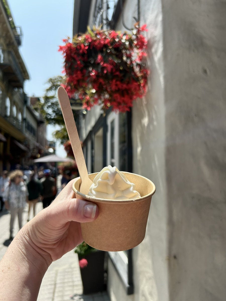 obligatraveler's tweet photo. First ice cream of the trip. We saw the sign advertising goat milk ice cream and knew we had to stop in. It was lighter than cow’s milk, and the flavors were well balanced, not too strong, but enough to appreciate the flavors. @Quebeccite #tbexquebeccity https://t.co/wj5eybOvvL