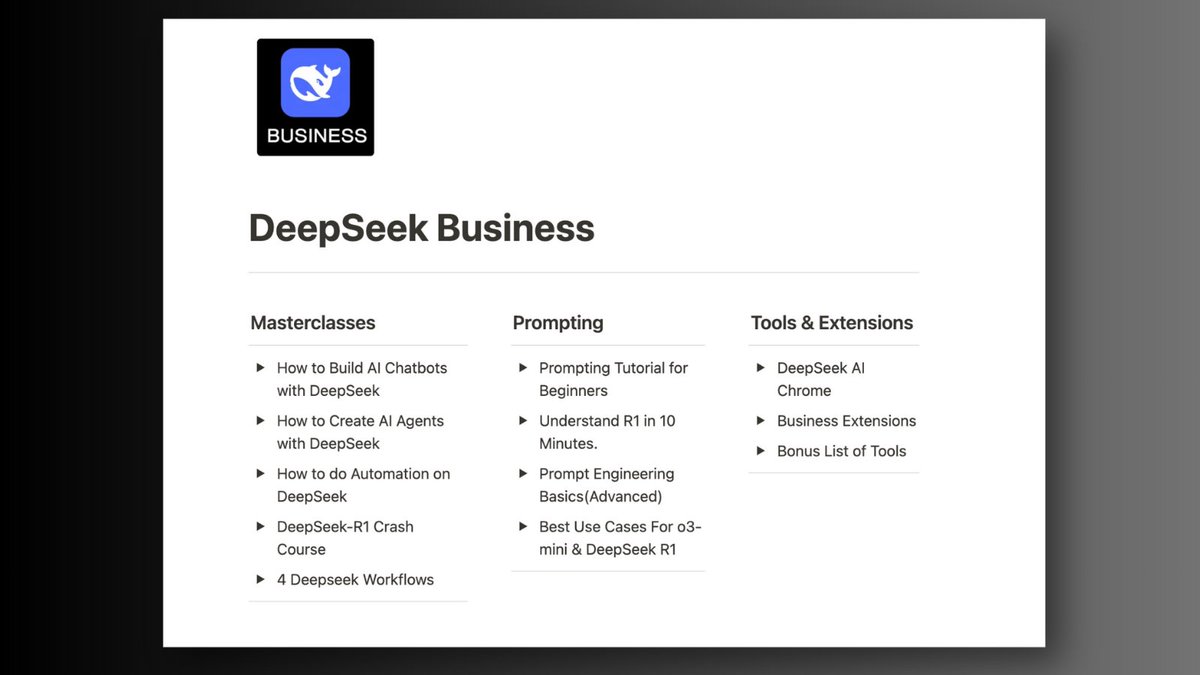 This DeepSeek Blueprint is literally a formula to PRINT CASH.

But 98% people are missing out on huge opportunities by not knowing how to use it.

So I built DeepSeek Business: 5 Masterclasses, a Complete Prompting Guide for Beginners - including tools &amp; Chrome extensions.