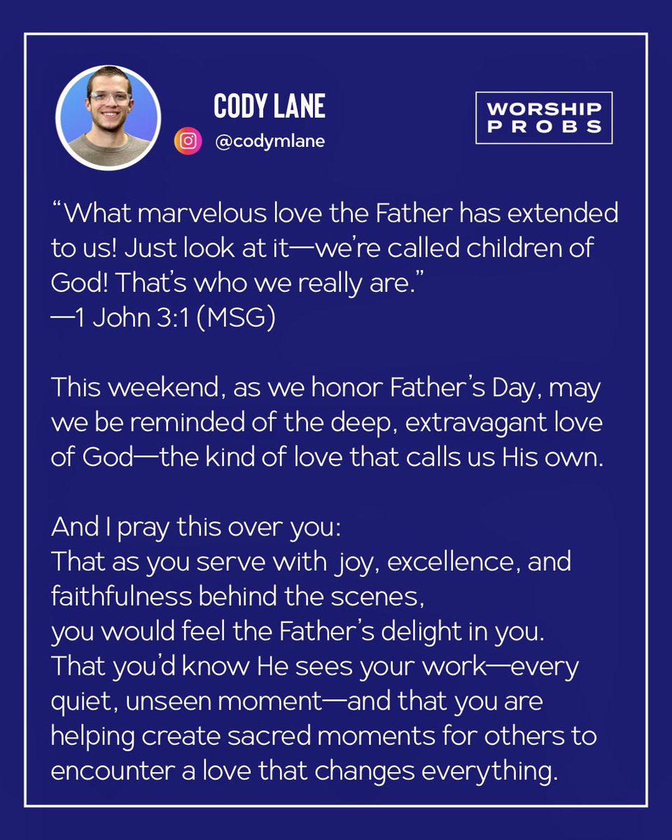 Happy Father’s Day 🙏❤️

Our prayer for our fellow Worship &amp; Production Leaders and their teams.

We’re praying for you! Have a great Sunday, Fam 

Cody Lane serves as Worship Pastor at Rocklane Christian Church in Greenwood, IN.

#worshipteam #worshipleader #worshipleaderprobs