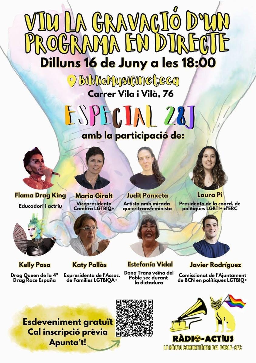 RadioActius et convida a gaudir de la gravació d’un programa en directe
Especial #28J #Orgulldebarri

💒Associació cultural
<a href="/LaBiblioenred/">La BiblioMusiCineteca</a>
📍Carrer Vila i Vilà N°76b
📆Dilluns 16 de Juny
🕕18:00 a 20:00
🎟️Cal inscripció prèvia

docs.google.com/forms/d/e/1FAI… 

T’esperem 😘