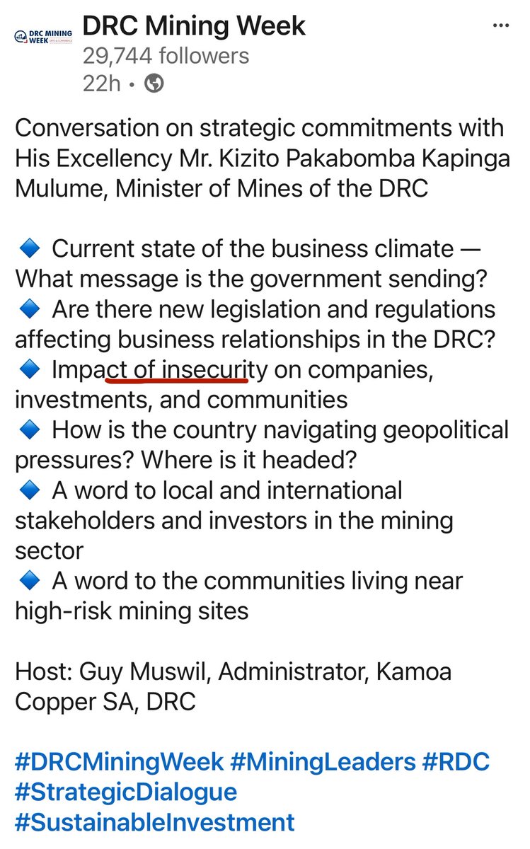 Jens Emil Soderlund 🇩🇰 (@emil_jens) on Twitter photo Questions-réponses MiningWeek avec <a href="/kizpaka/">Kizito Pakabomba</a>
« Impact de l'INSÉCURITÉ sur les investissements des entreprises » « Un mot aux acteurs internationaux du secteur minier »
J'aurais aimé entendre sa réponse, $AVZ ! Quelqu'un était-il présent et pourrait-il m'apporter des précisions ? Questions-réponses MiningWeek avec <a href="/kizpaka/">Kizito Pakabomba</a>
« Impact de l'INSÉCURITÉ sur les investissements des entreprises » « Un mot aux acteurs internationaux du secteur minier »
J'aurais aimé entendre sa réponse, $AVZ ! Quelqu'un était-il présent et pourrait-il m'apporter des précisions ?