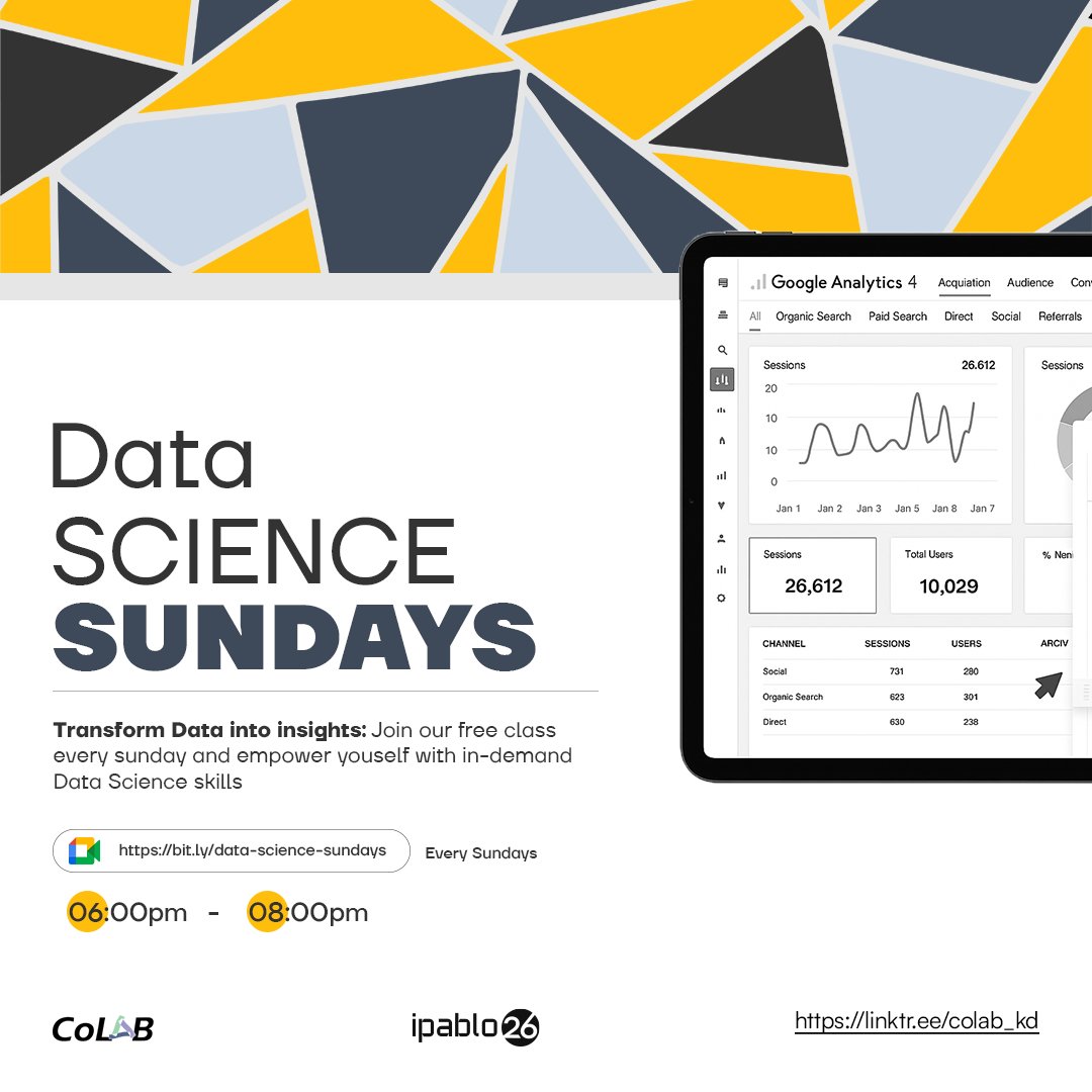 Ready to start your data science journey? Join us for #DataScienceSunday. Whether you're a beginner or looking to deepen your skills, our sessions provide hands-on learning in a supportive community.

Register now: forms.gle/8Th9kxwjJquVP6…

#LearnDataScience #CoLabCommunity