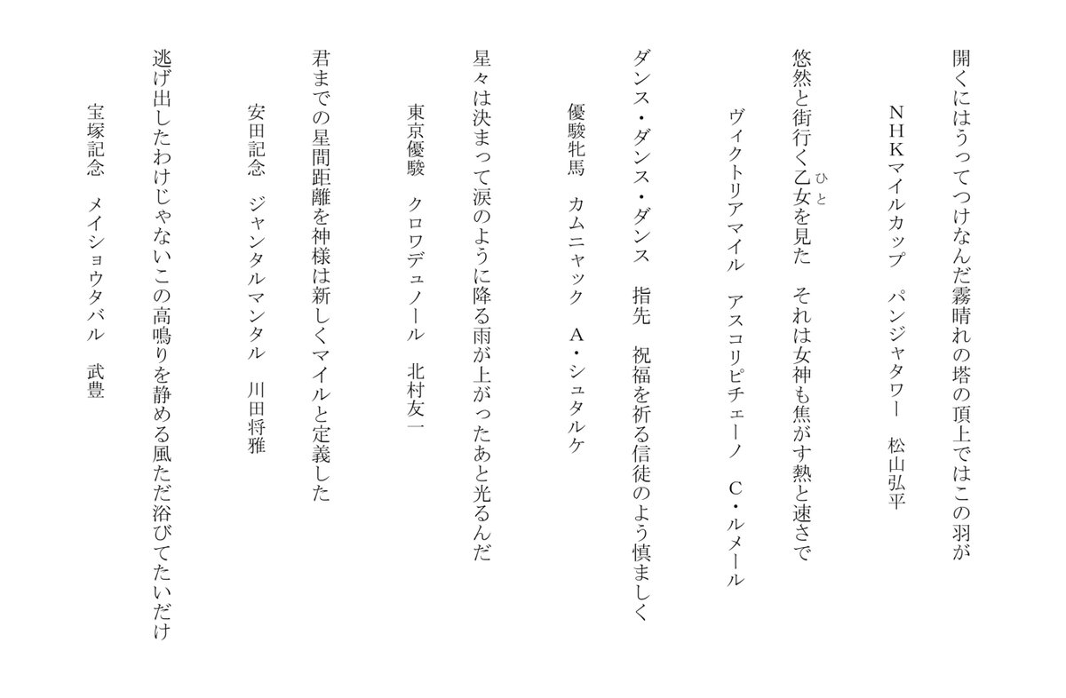 nazoruadmire's tweet image. 【競馬短歌】

2025年上半期　全GI競走優勝馬たちへ