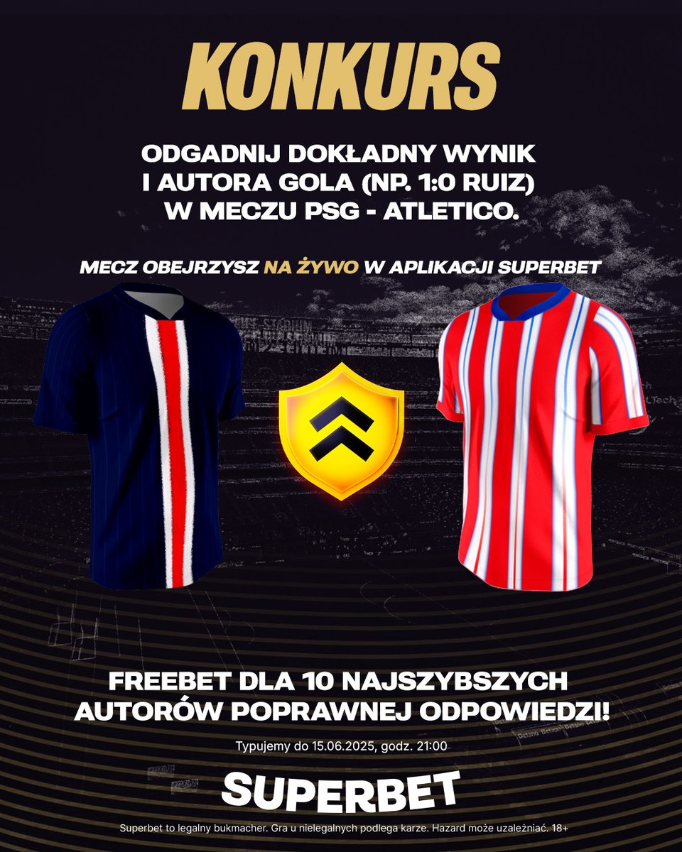SuperbetPL's tweet photo. #KONKURS! Wytypuj w odpowiedziach dokładny wynik oraz autora gola ⚽️ w meczu PSG - Atletico i zgarnij freebet!

-- 
✅ Zaobserwuj @SuperbetPL
❤️ Polub wpis i 🔄 podaj go dalej 
👤 Dodaj nick z Superbet 
🎁 Nagroda = FREEBET 50 PLN
Regulamin: https://t.co/bJckWNG47u https://t.co/flJFV5OFHb