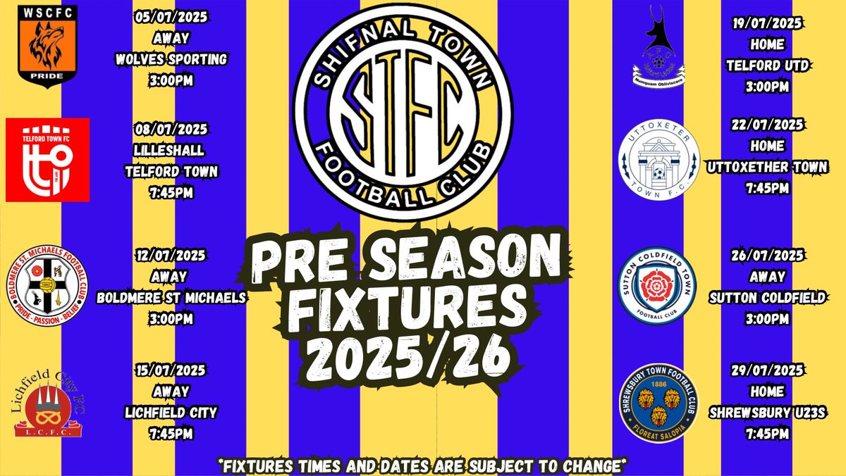 Shifnal Town FC (@townshifnal) on Twitter photo ๐จ PRE SEASON SCHEDULE ๐จ
We have finalised our pre season schedule, we look forward to playing
<a href="/WolvesSporting/">Wolves Sporting CFC</a>
<a href="/TelfordTownFC/">Telford Town FC</a>
<a href="/themikesfc/">Boldmere St Michaels FC</a>
<a href="/lichfieldcityfc/">Lichfield City FC</a>
<a href="/telfordutd/">AFC Telford United (P)</a>
<a href="/UttoxeterTownFC/">Uttoxeter Town FC</a>
<a href="/SCTFC/">Sutton Coldfield Town FC</a>
<a href="/shrewsburytown/">Shrewsbury Town FC</a> U23s ๐จ PRE SEASON SCHEDULE ๐จ
We have finalised our pre season schedule, we look forward to playing
<a href="/WolvesSporting/">Wolves Sporting CFC</a>
<a href="/TelfordTownFC/">Telford Town FC</a>
<a href="/themikesfc/">Boldmere St Michaels FC</a>
<a href="/lichfieldcityfc/">Lichfield City FC</a>
<a href="/telfordutd/">AFC Telford United (P)</a>
<a href="/UttoxeterTownFC/">Uttoxeter Town FC</a>
<a href="/SCTFC/">Sutton Coldfield Town FC</a>
<a href="/shrewsburytown/">Shrewsbury Town FC</a> U23s