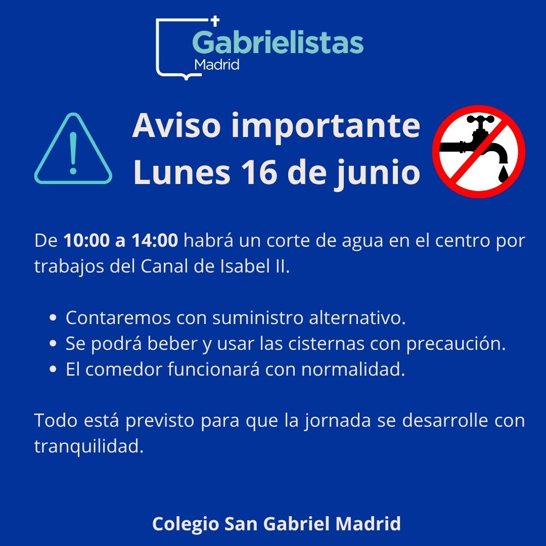 📢 Aviso importante – Lunes 16 de junio
💧 De 10:00 a 14:00 habrá un corte de agua en el centro por trabajos del Canal de Isabel II.
🔹 Habrá suministro alternativo.
🚰 Se podrá beber agua y usar las cisternas con precaución.
🍽️ El comedor funcionará con normalidad.
