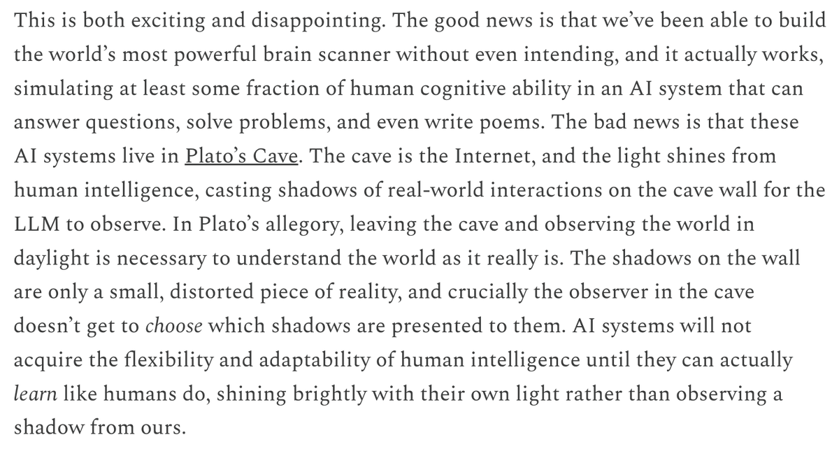 Konstantin Mishchenko (@konstmish) on Twitter photo I'm surprised this post didn't get more attention. Most papers arguing we are far from AGI just show LLMs failing on tasks too big for their context window. Sergey identifies something more fundamental: while LLMs learned to mimic intelligence from internet data, they never had I'm surprised this post didn't get more attention. Most papers arguing we are far from AGI just show LLMs failing on tasks too big for their context window. Sergey identifies something more fundamental: while LLMs learned to mimic intelligence from internet data, they never had