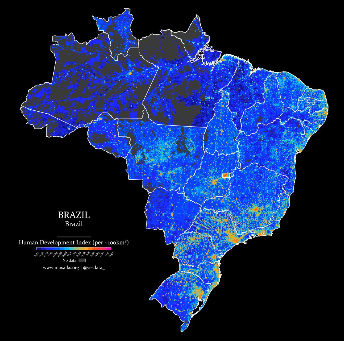 👨‍🌾 Series: HDI (No. 5) - Brazil

The Human Development Index assesses development via health, education, and living standards. The dataset contains anomalies. Values are estimates.

🔧 Tools: Python (Rasterio, Rioxarray, Shapely)