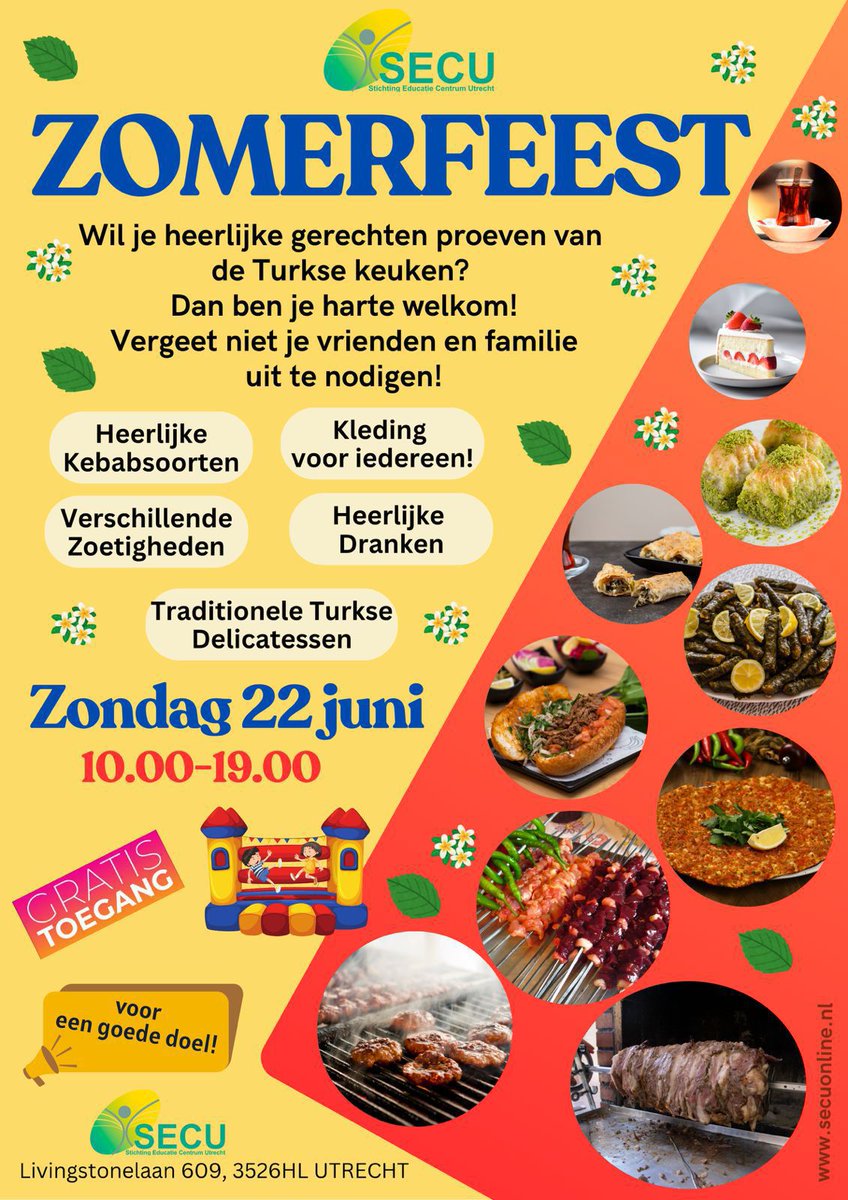 ZOMERFEEST bij SECU!
Zin in heerlijke gerechten uit de Turkse keuken? Kom dan op zondag 22 juni tussen 10.00 en 19.00 uur naar het Zomerfeest van SECU in Utrecht!

📍 Livingstonelaan 609, 3526HL Utrecht
 Gratis toegang – iedereen is welkom! Nodig ook je vrienden en familie uit!