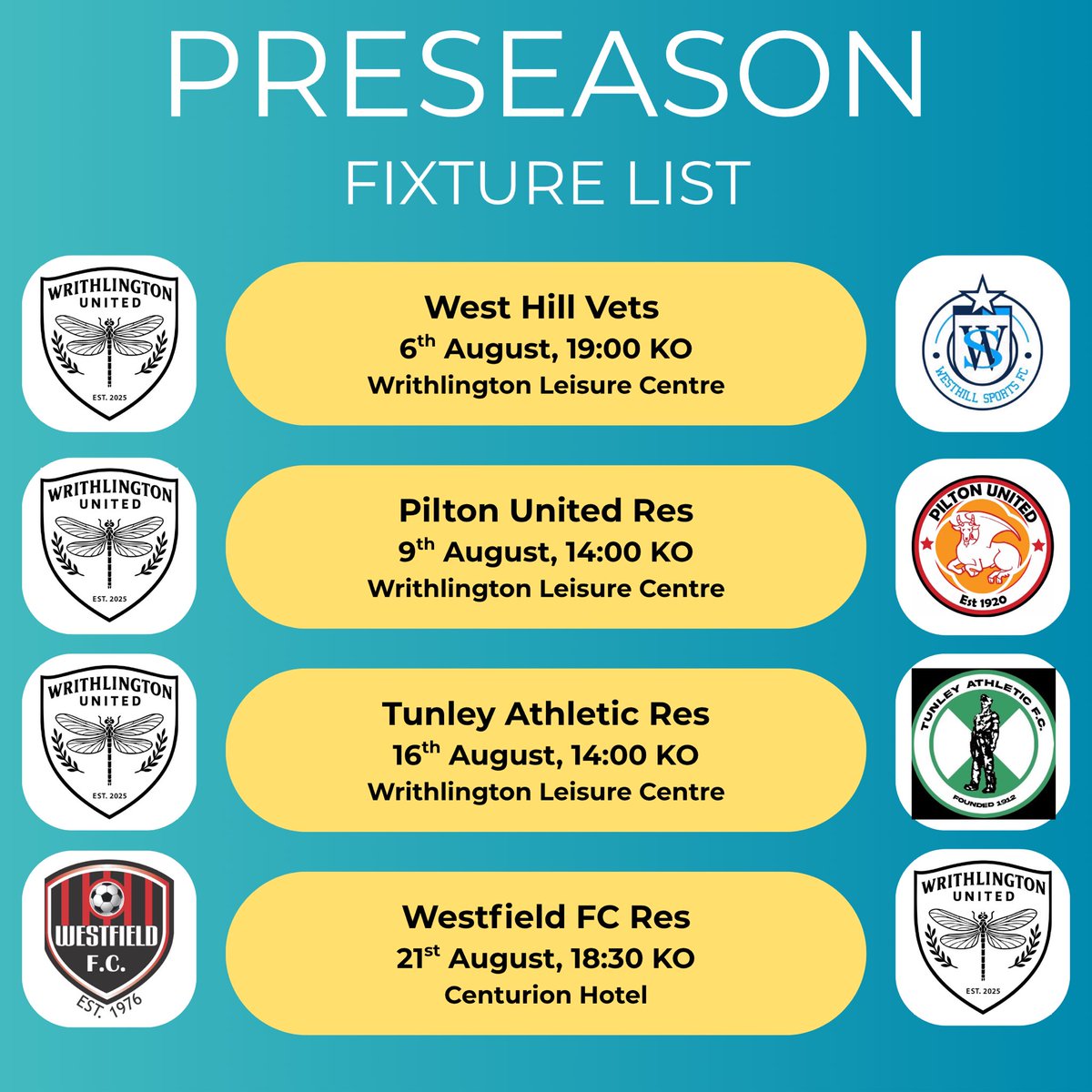 The lads have 4 preseason fixtures to dig their teeth into!!! Hoping to go into the season on the back of a stellar preseason.