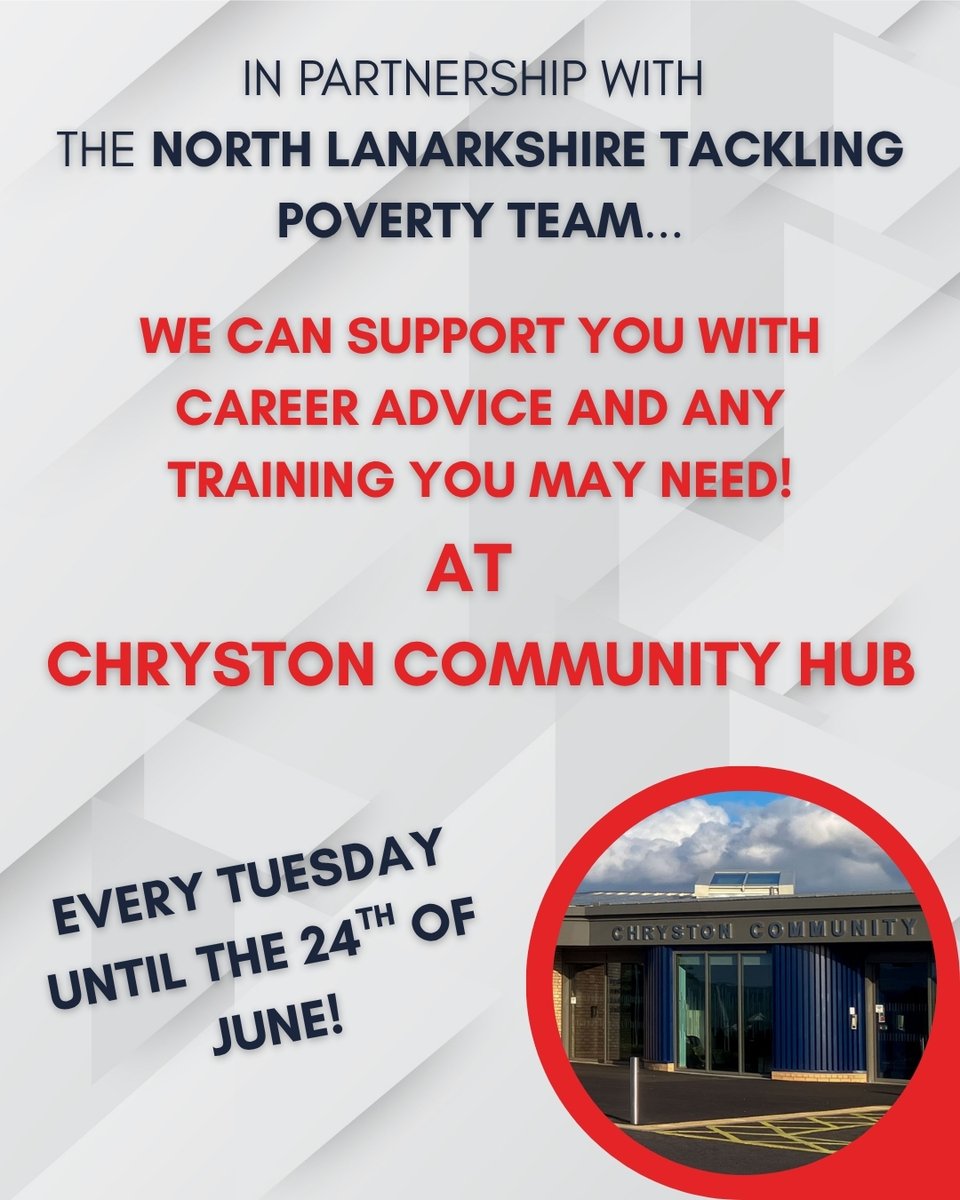 Routes to Work and the NL Tackling Poverty Team are at the Chryston Hub every Tuesday until June 24th

This is a great opportunity if you're looking for help overcoming the barriers of getting back into work!

Questions? - CONTACT US AT 0800 783 4731 OR