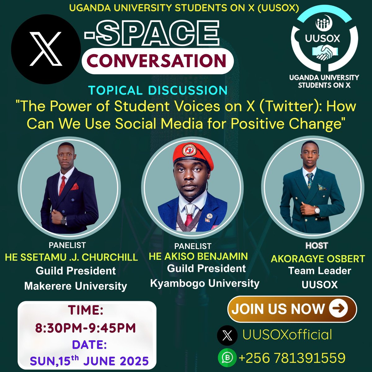 JB JILL MUGISHA (@mugishajilljb) on Twitter photo ✨🚨 🚨 ✨🚨🚨✨
Today at 8:30 PM EAT !
Join Guild Presidents HE Ssetamu James Churchill (Makerere University) and HE Akiso Benjamin ( Kyambogo University) Learn, Contribute and amplify the impact of Student Voices
Let's shape the narrative together
#uusox
<a href="/MugishaJilljb/">JB JILL MUGISHA</a> ✨🚨 🚨 ✨🚨🚨✨
Today at 8:30 PM EAT !
Join Guild Presidents HE Ssetamu James Churchill (Makerere University) and HE Akiso Benjamin ( Kyambogo University) Learn, Contribute and amplify the impact of Student Voices
Let's shape the narrative together
#uusox
<a href="/MugishaJilljb/">JB JILL MUGISHA</a>