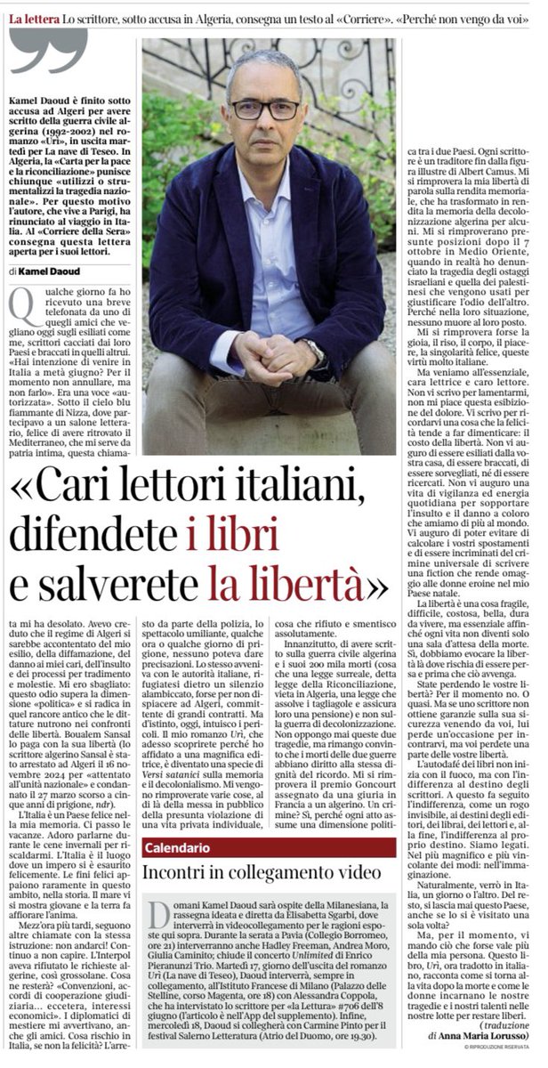 La nave di Teseo (@lanavediteseoed) on Twitter photo Ma se uno scrittore non ottiene garanzie sulla sua sicurezza venendo da voi, lui perde un'occasione per incontrarvi, ma voi perdete una parte delle vostre libertà.
Sul <a href="/Corriere/">Corriere della Sera</a> la lettera aperta ai lettori di <a href="/daoud_kamel/">kamel DAOUD</a>, finito sotto accusa ad Algeri per avere scritto della Ma se uno scrittore non ottiene garanzie sulla sua sicurezza venendo da voi, lui perde un'occasione per incontrarvi, ma voi perdete una parte delle vostre libertà.
Sul <a href="/Corriere/">Corriere della Sera</a> la lettera aperta ai lettori di <a href="/daoud_kamel/">kamel DAOUD</a>, finito sotto accusa ad Algeri per avere scritto della