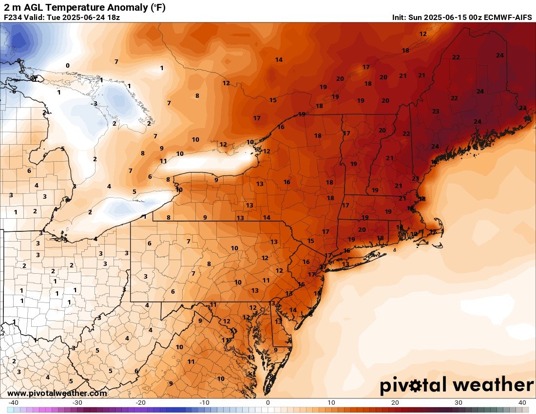 Today will be another Double-Digit Below Normal Day for much of Eastern PA... 
but fear not Summer Lovers, I'm cooking up some serious heat for June 24th. 

I see widespread 90s coming so get your swim suits ready! 🏊‍♀️
#PAwx #wxtwitter #wxX