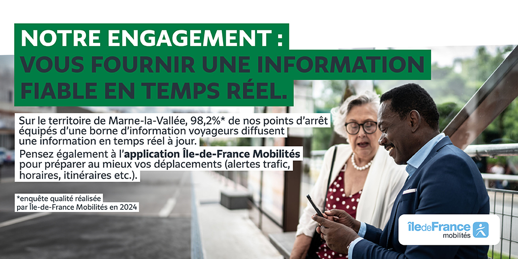 🚌💡 À Marne-la-Vallée, 98,2 % de nos arrêts équipés de bornes diffusent une info en temps réel fiable et actualisée !
📱 Pour encore + de confort : l'appli <a href="/IDFmobilites/">IDF Mobilités</a>  vous informe en direct (trafic, horaires, itinéraires).
#Mobilité #InfoTrafic #TransportsIDF