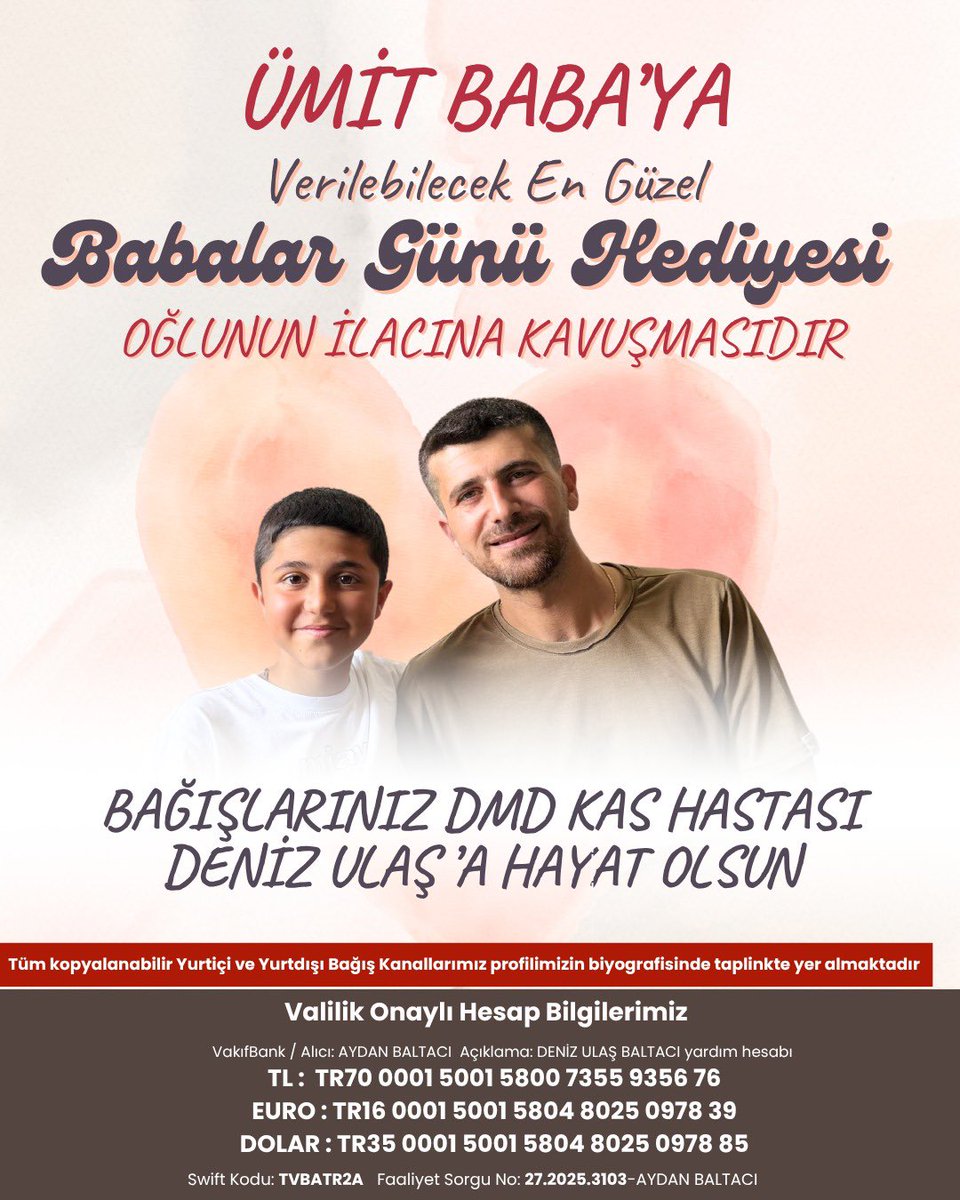 Ümit Baba’ya Verilebilecek En Güzel Babalar Günü Hediyesi: Oğlunun İlacına Kavuşmasıdır…
Bu Babalar Günü’nde bir babanın en büyük hayalini gerçeğe dönüştürelim.
Siz de yapacağınız bağışla Deniz Ulaş’a umut, Ümit Baba’ya hayat dolu bir Babalar Günü armağan edebilirsiniz.