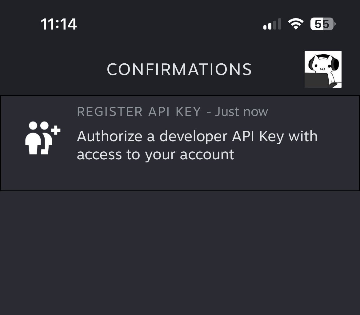So
<a href="/valvesoftware/">Valve</a>
finally added
<a href="/Steam/">Steam</a>
app confirmation for registering new API key. This gonna help with scam so much!