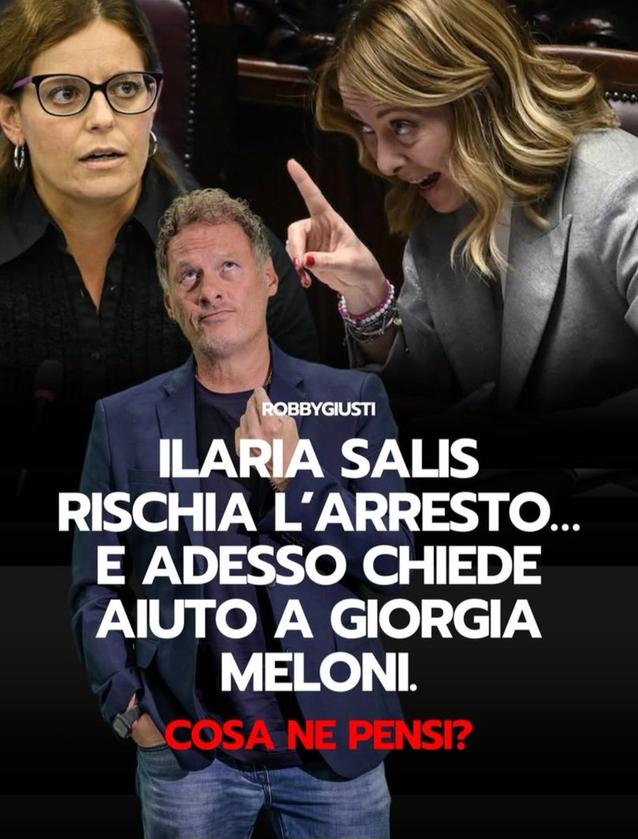 ROBBY GIUSTI 
"Salis rischia l'arresto e adesso chiede aiuto a Giorgia Meloni.
Si, proprio quella Meloni che ha insultato per mesi, accusata di ogni nefandezza, "complice del patriarcato" e amica dei "fascisti".
Ora invece:
"Sarebbe bello se Meloni mi diendess., La coerenza? È