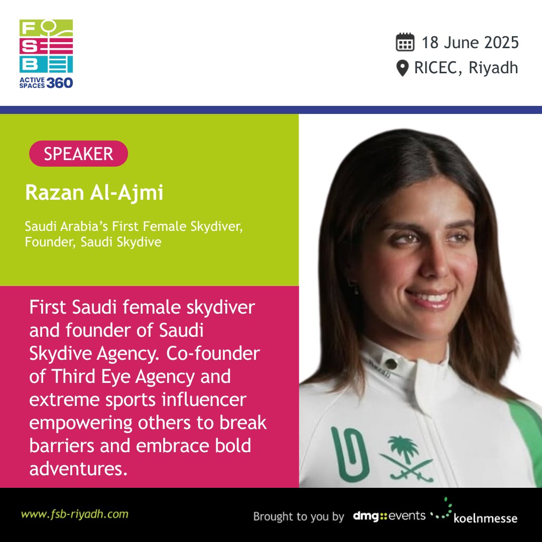 🚨We are excited to announce that Razan Al-Ajmi رازان العجمي will be speaking at ActiveSpaces 360, hosted at FSB Sports Show Riyadh – the leading event for sports and recreational infrastructure in the Kingdom! 🏟️

Attend her session on skydiving &amp; wind tunnel facility design,