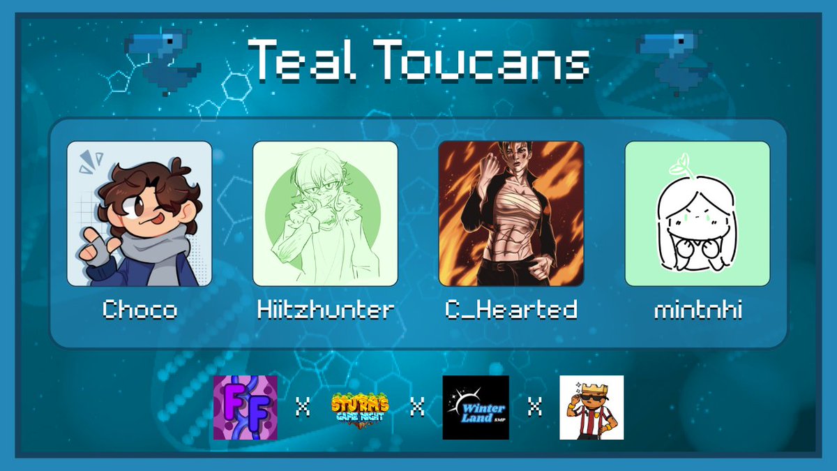 Annoucing The Teal Toucans 

@ItzChoco__ <a href="/Hiitzhunter1/">Hiitzhunter</a> <a href="/mintnhi_/">mint 🍉</a> <a href="/Redd_Zee/">C_hearted</a>