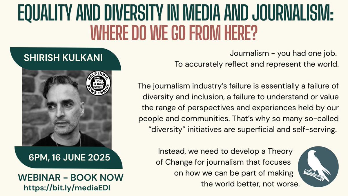 We're looking forward to this webinar on Monday!

There are still spaces available if you want to join Shirish Kulkani and the rest of our panel to discuss "Equality and diversity in media and journalism: where do we go from here?"

Tickets available here
tickettailor.com/events/bylines…